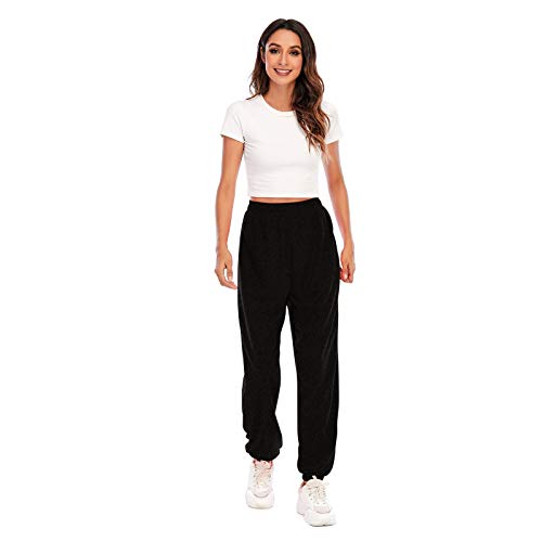 SHOBDW Pantalones de Mujers Tallas Grandes, Anchos con lanura Abocinado Anchos Pierna Cintura elástica de Cintura Alta Pantalones de Mujer (M, Negro)