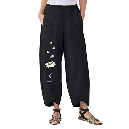 Shujin - Pantalones de verano para mujer, estilo bohemio, longitud 7/8, tallas grandes, estampado de margaritas, corte cómodo, cintura alta, pantalones de yoga, pantalones con pierna ancha Negro XXL