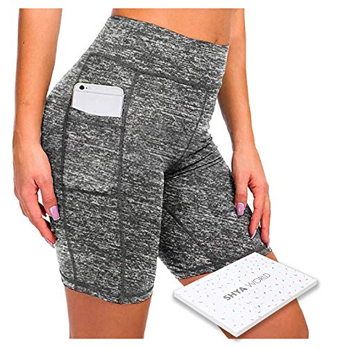 ShyaWorld Mallas Leggins Mujer Deportivos Fitness Pantalones Yoga de Alta Cintura Elásticos y Transpirables para Yoga Running (CON BOLSILLO GRIS CORTO, M)