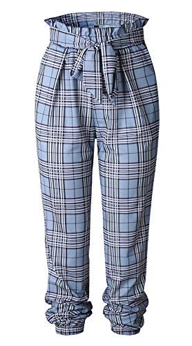 Size m - pantalón - Mujer - fantasía - Estampado - Cuadros - Casual - Elegante - Moda - Cintura Alta - Ancho - harén - pinocchietto - Color Azul Claro