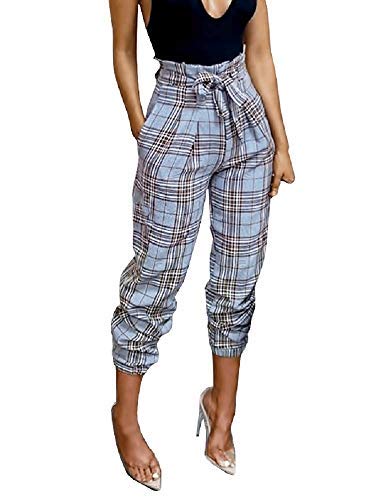 Size m - pantalón - Mujer - fantasía - Estampado - Cuadros - Casual - Elegante - Moda - Cintura Alta - Ancho - harén - pinocchietto - Color Azul Claro