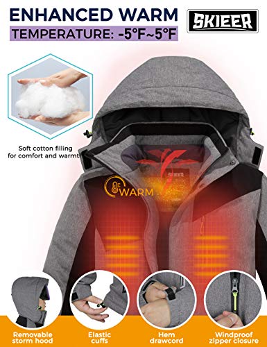 Skieer Chaqueta de Senderismo Deportiva Invierno Parka Cálida Forro Polar con Capucha Abrigo de Lana para Exteriores Chaqueta de Esquí Antiviento Impermeable Hombre Gris Small