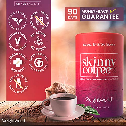 Skinny Coffee, Café Instantáneo Control del Peso Programa de 28 días - Café Árabe, Granos Café Verde, Ginseng, Chlorella, Polvo Matcha y L-Carnitina, Café Quemagrasas Para Adelgazar, Vegano