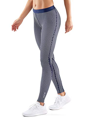 SKINS DNAmic Womens Long Tights Textured Square Mallas largas, Mujer, Cuadrado Texturizado Azul Marino/Blanco, FM
