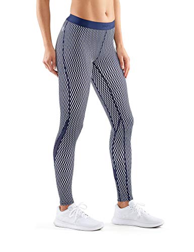SKINS DNAmic Womens Long Tights Textured Square Mallas largas, Mujer, Cuadrado Texturizado Azul Marino/Blanco, FM