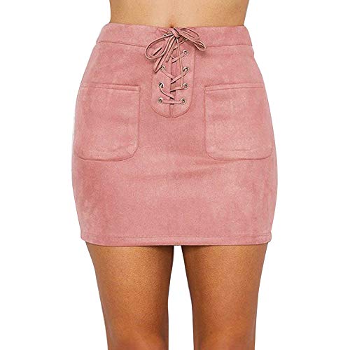 SKYROPNG Minifalda Mujer,Cuero Verano Cintura Alta Drawstring Pocket Mini Faldas, Ajustable Y Transpirable Paquete Rosa Falda De Cadera para All-Match Inicio Casual Ropa Atlética,L