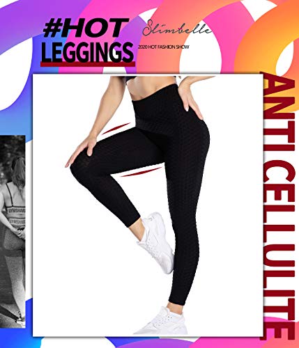 SLIMBELLE Mallas Push up Mujer Leggings Deportivos Alta Cintura Pantalones Anticeluliticos con Bosillos Panal arrugado para nalgas de leggins Sexy para Yoga Fitness Running Elástico y Transpirable