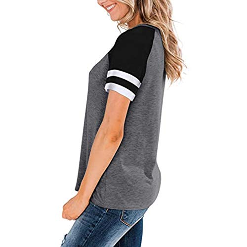 SLYZ Mujeres Europeas Y Americanas Primavera Y Verano Nuevas Blusas De Mujer Color Sólido Cuello Redondo Costura Camiseta De Manga Corta Mujer