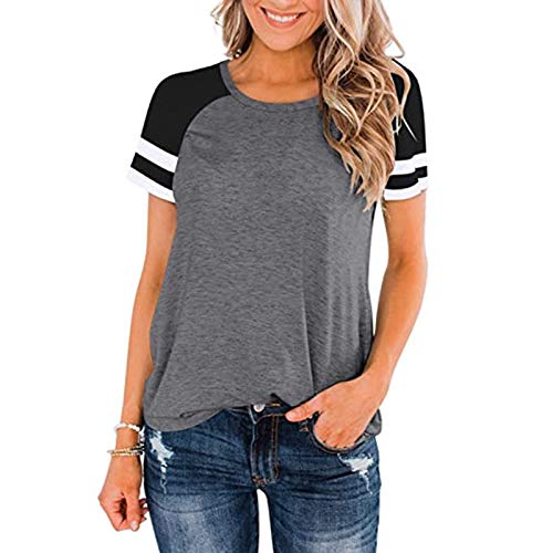 SLYZ Mujeres Europeas Y Americanas Primavera Y Verano Nuevas Blusas De Mujer Color Sólido Cuello Redondo Costura Camiseta De Manga Corta Mujer