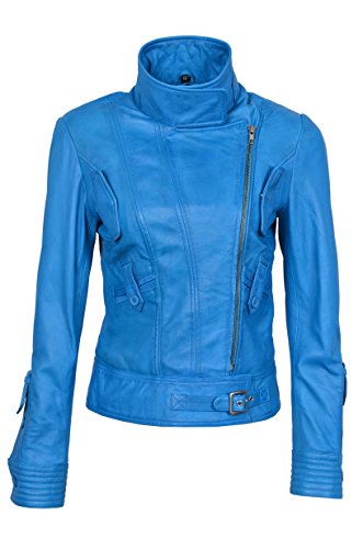 Smart Range Chaqueta de Piel para Mujer .Supermodel, Color Azul Celeste, Estilo Motero, Casual, Piel de Oveja. (18)