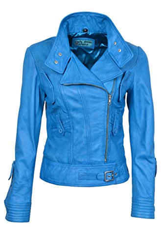 Smart Range Chaqueta de Piel para Mujer .Supermodel, Color Azul Celeste, Estilo Motero, Casual, Piel de Oveja. (18)