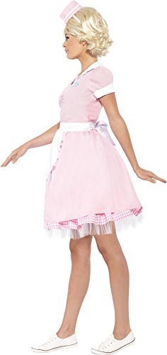 Smiffys-43183M Disfraz de Camarera de Diner de los años 50, con Vestido y minisombrero, Color Rosado, M-EU Tamaño 40-42 (Smiffy'S 43183M)
