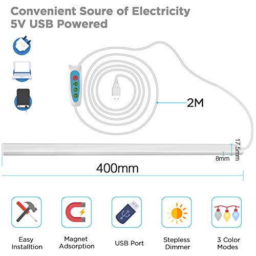 SOAIY 40CM 900LM 7W Luz LED cocina bajo armario con 3 Colores, LED lámpara bajo Mueble, Regleta LED regulable con interruptor a mando, Cable de 2 metros con fuente de alimentación USB