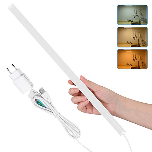 SOAIY 40CM 900LM 7W Luz LED cocina bajo armario con 3 Colores, LED lámpara bajo Mueble, Regleta LED regulable con interruptor a mando, Cable de 2 metros con fuente de alimentación USB