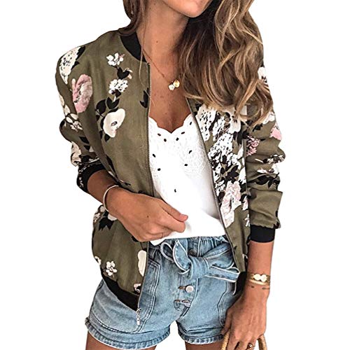 SODSIM Chaqueta bomber para mujer con diseño de flores, ligera, chaqueta corta para primavera y otoño, con cremallera y cuello alzado Verde militar L