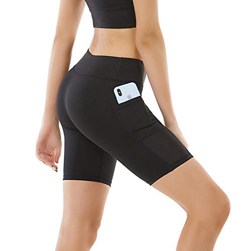 Sokaly Pantalones Deportivos Cortos para Mujeres de Alta Elasticidad Pantalones Suaves para Mujeres con Bolsillos para Gimnasio Yoga Correr Tenis Deportes (Negro, M)