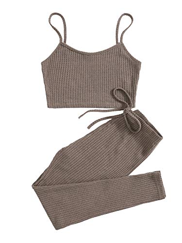 SOLY HUX Conjunto de camiseta y leggings para mujer, dos piezas, tirantes finos, camisola, tops, pantalones ajustados, ropa deportiva, traje de entrenamiento Marrón moca XS