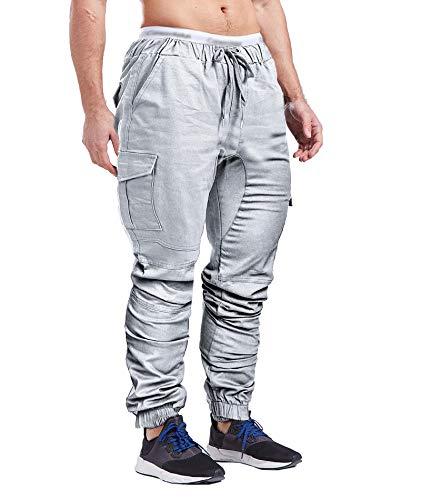 SOMTHRON Hombre Cinturón de Cintura elástico Pantalones de chándal de algodón Largo Jogging Pantalones de Carga Deportiva de Talla Grande Pantalones Cortos con Bolsillos Pantalones (GY-M)