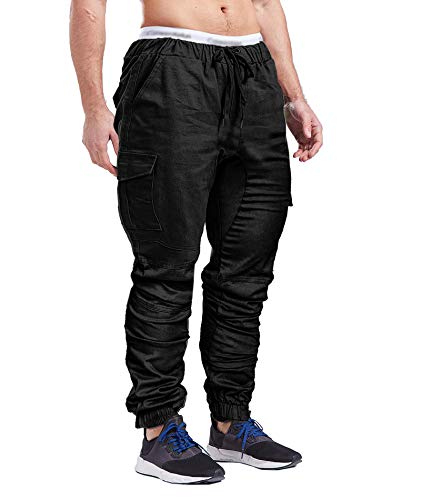 SOMTHRON Hombre Cinturón de Cintura elástico Pantalones de chándal de algodón Largo Jogging Pantalones de Carga Deportiva de Talla Grande Pantalones Cortos con Bolsillos Pantalones (BL-M)