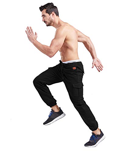 SOMTHRON Hombre Cinturón de Cintura elástico Pantalones de chándal de algodón Largo Jogging Pantalones de Carga Deportiva de Talla Grande Pantalones Cortos con Bolsillos Pantalones (BL-M)