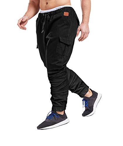 SOMTHRON Hombre Cinturón de Cintura elástico Pantalones de chándal de algodón Largo Jogging Pantalones de Carga Deportiva de Talla Grande Pantalones Cortos con Bolsillos Pantalones (BL-M)