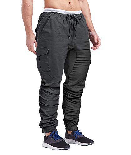 SOMTHRON Hombre Cinturón de Cintura elástico Pantalones de chándal de algodón Largo Jogging Pantalones de Carga Deportiva de Talla Grande Pantalones Cortos con Bolsillos Pantalones (DG-L)