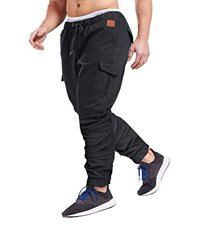 SOMTHRON Hombre Cinturón de Cintura elástico Pantalones de chándal de algodón Largo Jogging Pantalones de Carga Deportiva de Talla Grande Pantalones Cortos con Bolsillos Pantalones (DG-L)