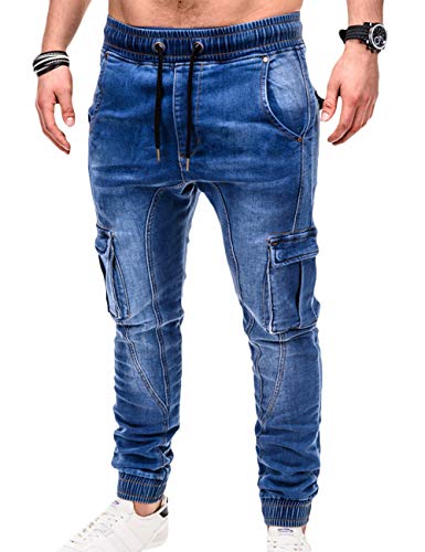 SOMTHRON Pantalones vaqueros cargo para hombre, cintura elástica, con muchos bolsillos azul XXXL