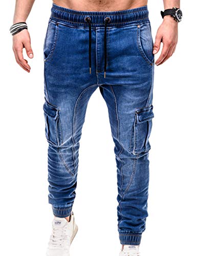 SOMTHRON Pantalones vaqueros cargo para hombre, cintura elástica, con muchos bolsillos azul XXXL