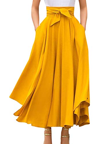 SOMTHRON para Mujeres Vintage Plisada Cintura Alta Falda Maxi con Bowknot Elegant Monocroma Skirt Falda de Verano con Volantes LargaS-2XL