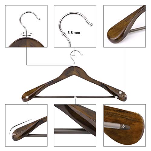 SONGMICS Perchas para Trajes, Juego de 6, Perchas de Madera Maciza con Hombros Extra Anchos, Antideslizantes para Trajes, Abrigos, Pantalones, Gancho Giratorio 360°, Nogal Oscuro CRSH06V