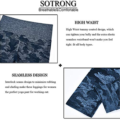 SotRong Mallas Running Mujer Leggings Cintura Alta Deportes Yoga Largos Elásticos y Transpirables Pantalones Para Gym Fitness de Ejercicio Camuflaje Impresión Azul L