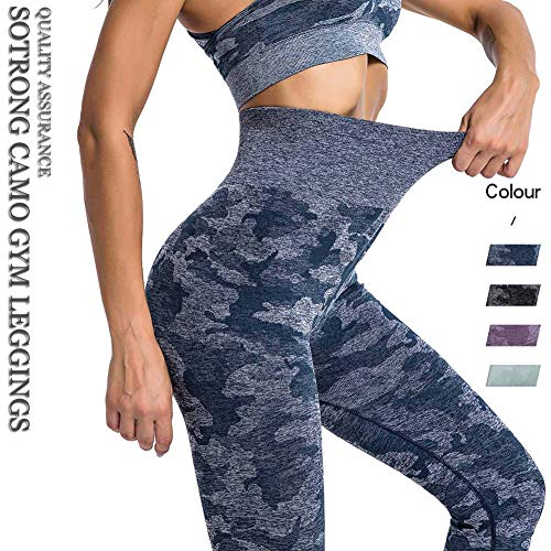 SotRong Mallas Running Mujer Leggings Cintura Alta Deportes Yoga Largos Elásticos y Transpirables Pantalones Para Gym Fitness de Ejercicio Camuflaje Impresión Azul L