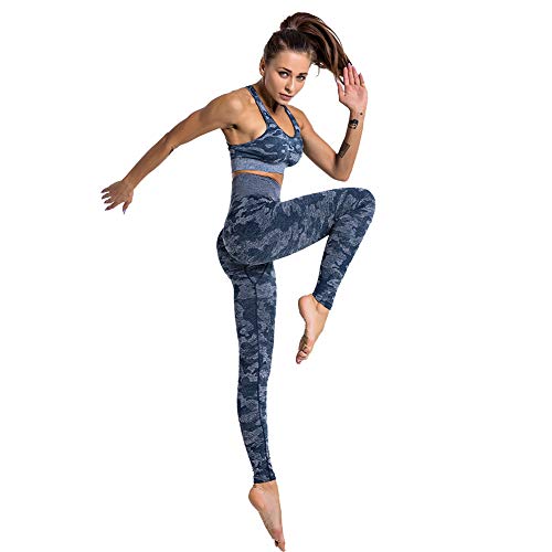 SotRong Mallas Running Mujer Leggings Cintura Alta Deportes Yoga Largos Elásticos y Transpirables Pantalones Para Gym Fitness de Ejercicio Camuflaje Impresión Azul L
