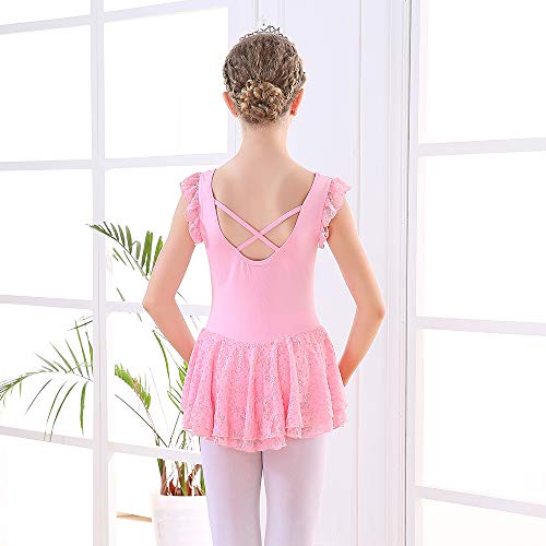 Soudittur Maillot de Ballet Niña Vestido de Danza Baile Tutú Leotardo Algodón Gimnasia Clásico Sin Mangas con Faldas de Encaje en Rosa (8-9 Años)