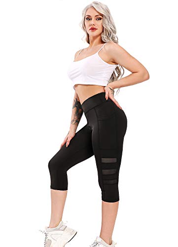 STARBILD Leggings 3/4 Mallas Pantalones de Alta Cintura Elástica Súper Transpirable Adelgazante de Yoga Deportivas Leggins para Mujer Negro-1 XL