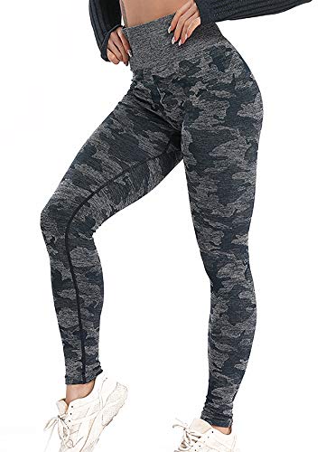 STARBILD Leggings sin Costuras de Cintura Alta Pantalones Deportivo Mallas Ajustadas de Compresión con Control de Abdomen para Mujer para Fitness Yoga Camuflaje Azul-Leggings S