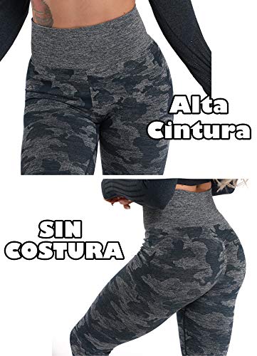 STARBILD Leggings sin Costuras de Cintura Alta Pantalones Deportivo Mallas Ajustadas de Compresión con Control de Abdomen para Mujer para Fitness Yoga Camuflaje Azul-Leggings S