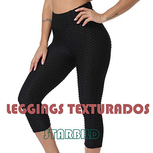 STARBILD Mallas 3/4 Leggings Pántalones Deportivos para Mujer de Alta Cintura Elástico Control de Barriga para Yoga Fitness Gimnasio Negro L