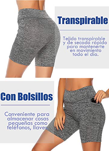STARBILD Shorts Mallas Pantalones Cortos Elástico Deportivos para Mujer con Bolsillos en Dos Lados para Fitness Gym Yoga Gris XL