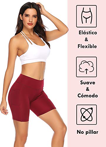 STARBILD Shorts Mallas Pantalones Cortos Elástico Deportivos para Mujer con Bolsillos en Dos Lados para Fitness Gym Yoga Vino S
