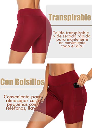 STARBILD Shorts Mallas Pantalones Cortos Elástico Deportivos para Mujer con Bolsillos en Dos Lados para Fitness Gym Yoga Vino S