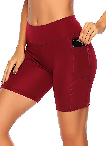 STARBILD Shorts Mallas Pantalones Cortos Elástico Deportivos para Mujer con Bolsillos en Dos Lados para Fitness Gym Yoga Vino S