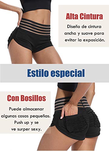 STARBILD Shorts Pantalones Cortos Deportivos Cintura Alta Elástica para Push UP Control de Barriga para Mujer Yoga Diario Correr Fitness Negro-1 L