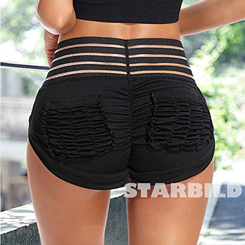 STARBILD Shorts Pantalones Cortos Deportivos Cintura Alta Elástica para Push UP Control de Barriga para Mujer Yoga Diario Correr Fitness Negro-1 L