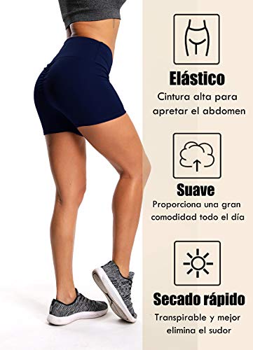 STARBILD Shorts Pantalones Deportes Cortos de Fitness Mallas para Mujer Elástico de Alta Cintura para Correr Gimnasio Gym #1 Classic-Azul Marino XL