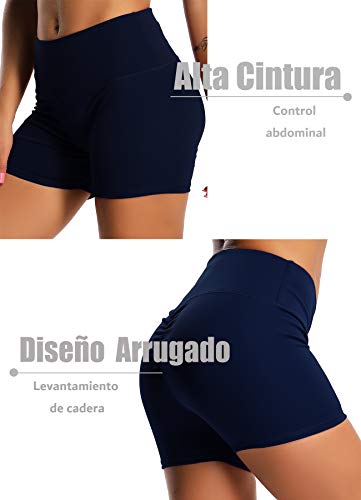 STARBILD Shorts Pantalones Deportes Cortos de Fitness Mallas para Mujer Elástico de Alta Cintura para Correr Gimnasio Gym #1 Classic-Azul Marino XL