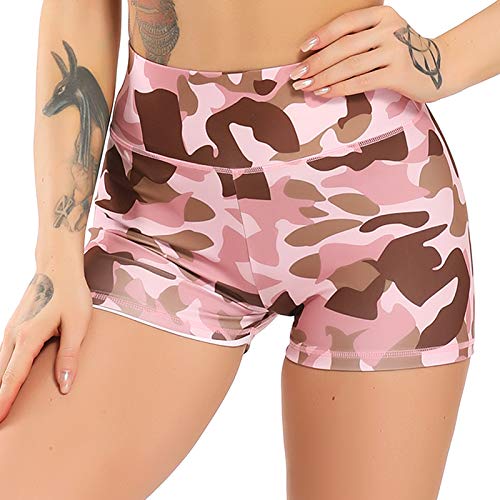 STARBILD Shorts Pantalones Deportes Cortos de Fitness Mallas para Mujer Elástico de Alta Cintura para Correr Gimnasio Gym #4 Pattern Classic-Camuflaje Rosa XL