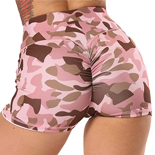 STARBILD Shorts Pantalones Deportes Cortos de Fitness Mallas para Mujer Elástico de Alta Cintura para Correr Gimnasio Gym #4 Pattern Classic-Camuflaje Rosa XL
