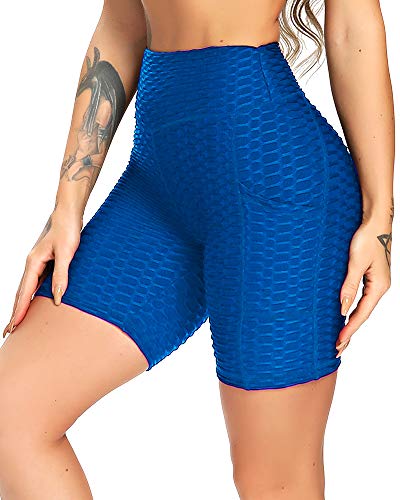 STARBILD Shorts Texturizodos para Mujer Pantalones Cortos Panal Scrunch Butt Push up con Bolsillo para Yoga Fitness Running Deporte #A-Azul S
